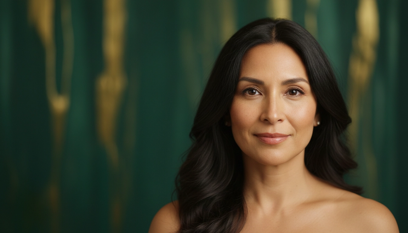 Smiling woman with radiant skin against an emerald and gold backdrop