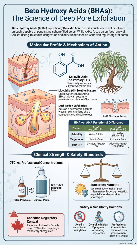 Beta hydroxy acids (BHA) infographic: how salicylic acid works, oil-soluble pore penetration, BHA vs AHA, OTC vs professional strengths, and Canadian safety standards — Revel Beauty Club