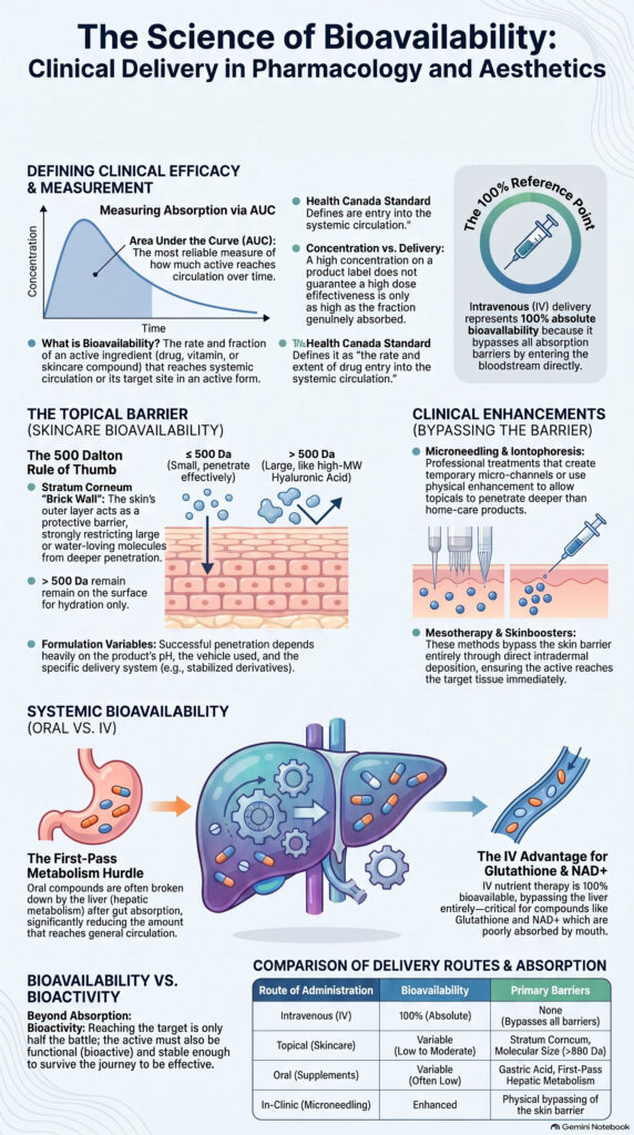 Bioavailability infographic: measuring absorption via AUC, IV as the 100% reference point, the ~500-dalton skin barrier, first-pass liver metabolism, and a comparison of IV, topical, oral, and in-clinic delivery routes — Revel Beauty Club