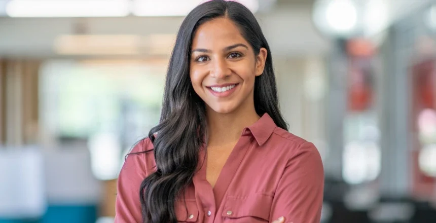 Professional woman with long dark hair smiling confidently in an office environment